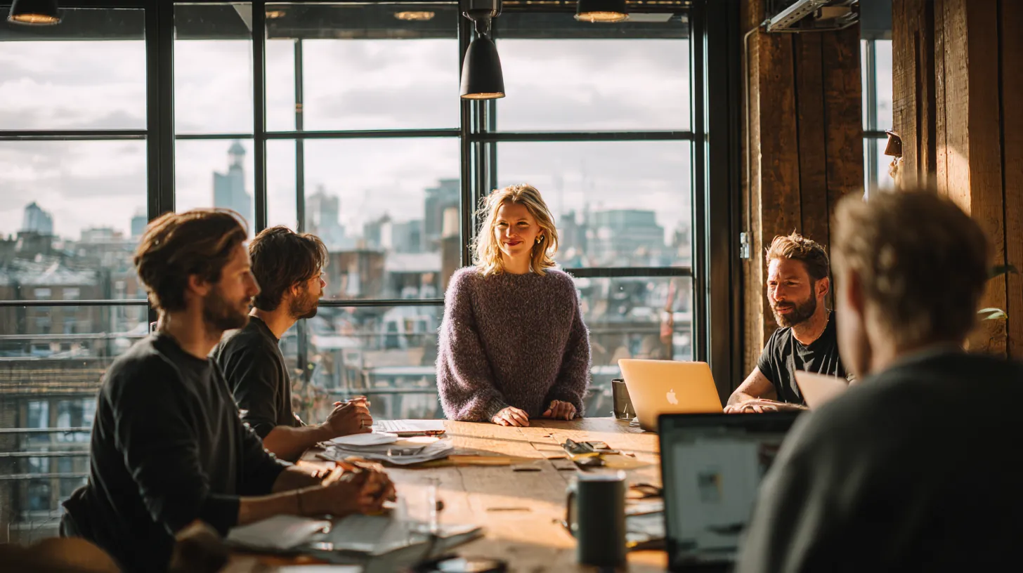 Product team at work in a bright Shoreditch office with city views